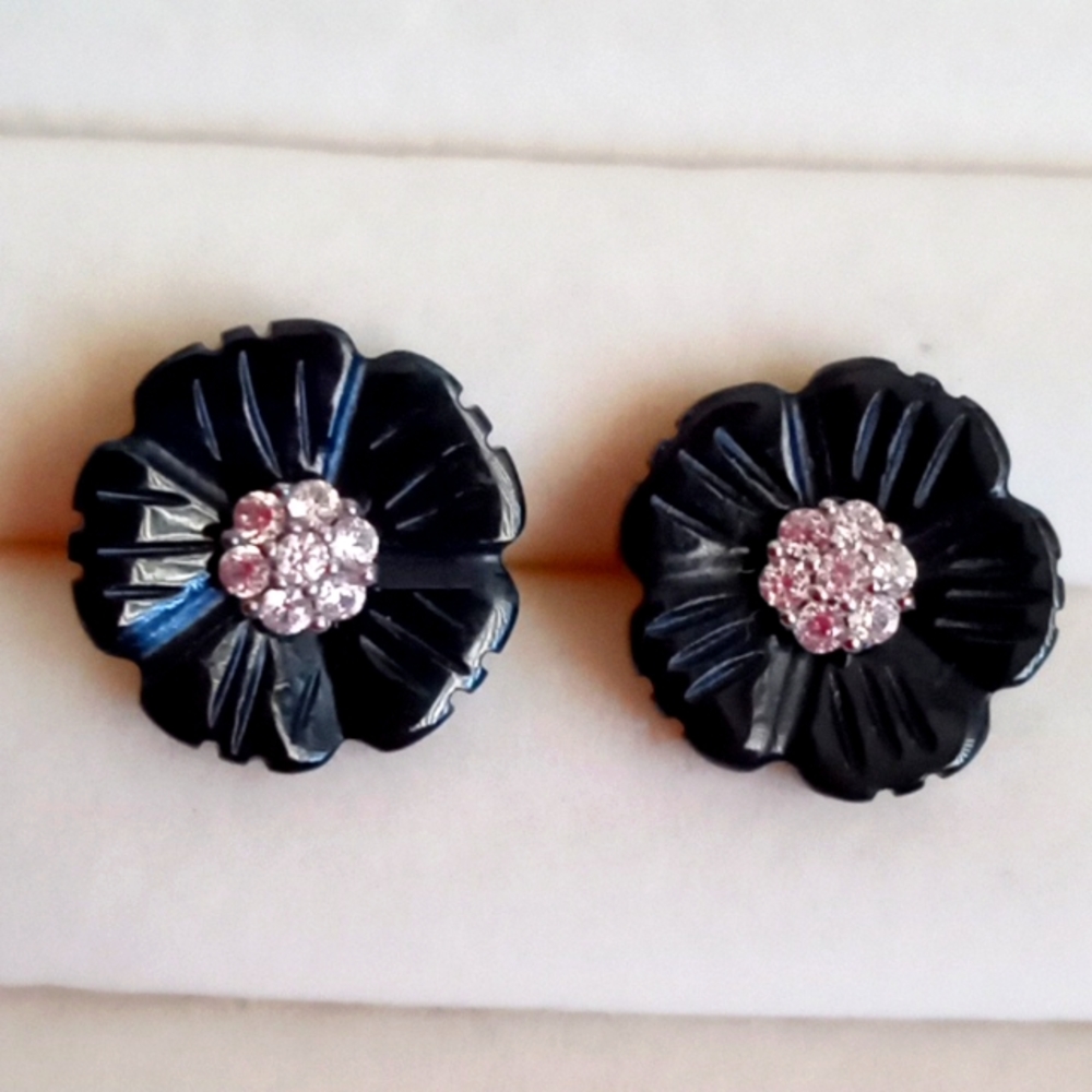 BURMESE BLACK JADE CARVED FLOWER, WHITE ZIRCON EARRING'S